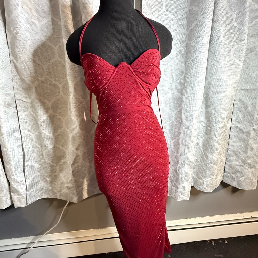 Red Dress with rhinestones with halter neck straps 
long dress (size small)